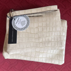 French Connection Croco Double Pouch Wristlet Neutral/Cream with Silver Hardware